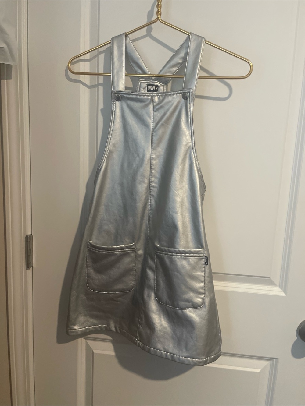 DKNY Girls' 10 Metallic Silver Faux-Leather Pinafore Dress 2 Front Pockets